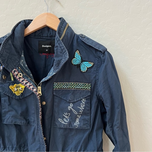 desigual pakaian jadi wanita navy utility jacket butterfly bird bee - Picture 5 of 14